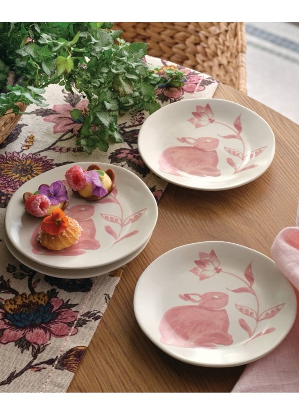 Threshold 4 pk 6" Easter Stoneware Aralia Appetizer Plates Hand Painted Pink NEW